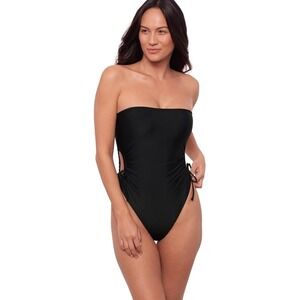Black Strapless One Piece Swimsuit Ruched Tie High Cut Leg Sexy Bathing Suit‎